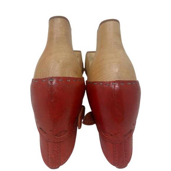 Rare Swedish Hasbeens Red Laser Cut Leather Platform Heeled Clog Sandals 9 Boho - Picture 10 of 14